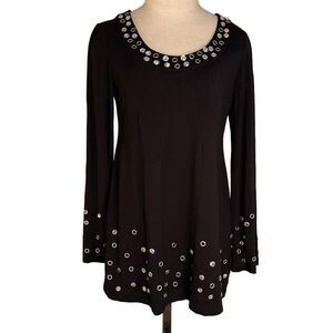 INC International Concepts Womens Black Rhinestone Grommet Embellished Tunic Top